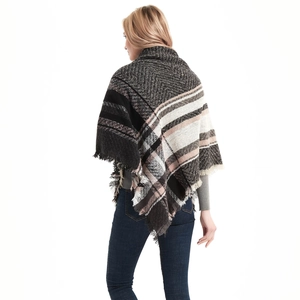 Thick herringbone patterned shawl scarf with frayed fringe tassels for winter warmth