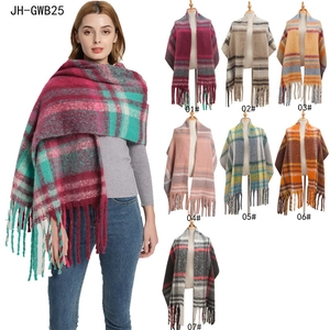 Oversized faux mohair plaid scarf with thick tassels in seven multi-color options