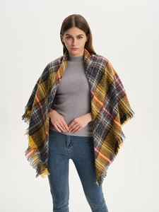 Close-up of thick plaid shawl scarf with fringes in yellow and blue colors
