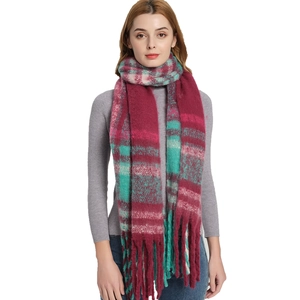 Thick plaid scarf with burgundy and green mohair-like texture and fringed edges