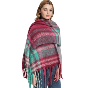 Oversized thick plaid scarf with tassels in red blue and grey colors for autumn and winter
