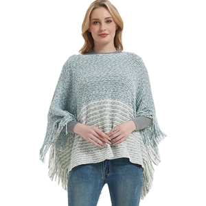 Women's Knitted Tassel Poncho Cloak Stripe Pattern Pullover Batwing Sleeve Warp-knitted Warm Winter Wrap Shawl Sweater