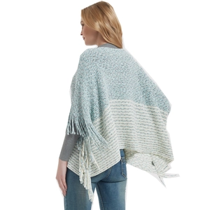 Women's blue and white knit poncho cape with tassel fringe and striped pattern style