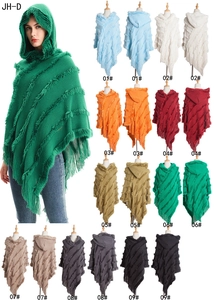 Detail of knitted hooded poncho showing textured stripes and fringe hem in nine colors