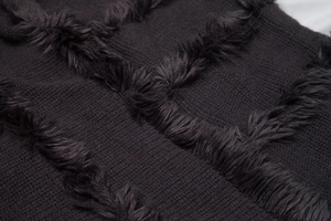 Macro view of dark grey knitted poncho with soft faux fur trim and ribbed texture detail