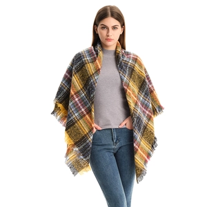 Thick checkered scarf shawl with fringe in yellow blue and orange colors for winter
