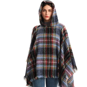 Women Hooded Plaid Poncho Cape With Tassel Fringe Polyester Warm Winter Wrap Outerwear Streetwear Vintage Style