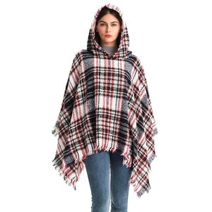 Women's hooded poncho cape with classic red and black plaid pattern and fringe hem