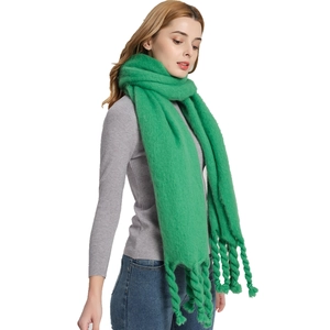 Chunky grass green knitted shawl scarf with thick braided tassels for winter warmth