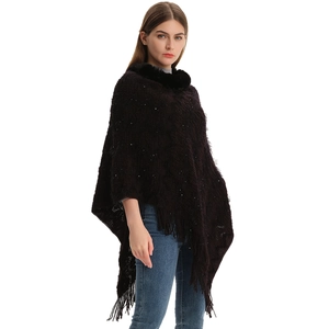 Women's sequin knit poncho with faux fur collar and tassel hem in dark brown