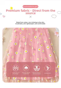 Detailed view of pink mesh dress featuring delicate white daisy embroidery for girls
