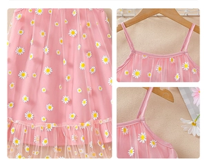 Detail view of pink girls mesh dress with daisy floral embroidery and tulle texture