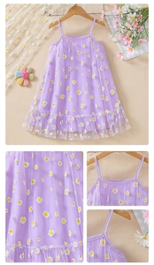 Detail of girls purple daisy mesh dress showing delicate straps and floral lace fabric
