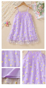 Close-up of girls' purple summer dress showing white daisy tulle layers and fine stitching