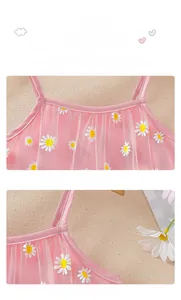 Detail showing the pink mesh fabric with daisy prints and elastic cuff of the girls dress