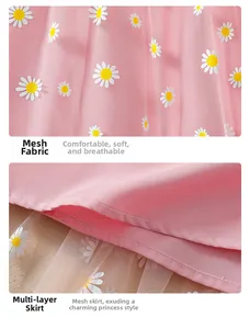 Detail of pink mesh fabric with white daisy print and multi-layer skirt hem stitching
