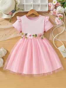Robe de Princesse Rose Douce pour Filles Manches Courtes à Volants Haut en Maille Côtelée Broderie Florale Jupe en Tulle Mesh Été