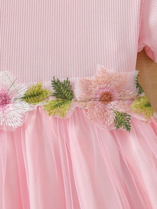 Robe princesse rose pour fille avec corsage en tricot, broderie florale et jupe en tulle