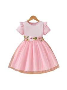 Robe de princesse rose pour fille avec broderies et jupe en tulle de maille étagée