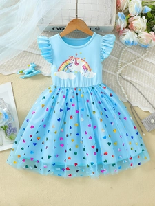 Mädchen Einhorn Regenbogen Netz Prinzessin Kleid Hellblau Sommer Baumwollmischung Kleinkind Cartoon Herz Pailletten Party