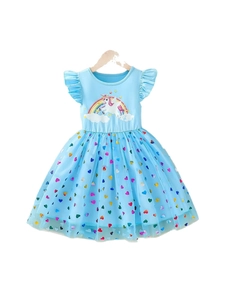 Mädchen hellblaues Einhornkleid mit Regenbogen-Netzrock und Rüschenärmeln