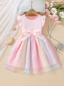 Robe de Princesse d'été à Manches Courtes pour Filles avec Tulle Dégradé Arc-en-Ciel Nœud en Satin Paillettes Étoile Lune Robe de Fête en Coton Rose