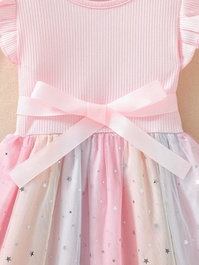 Robe rose rayée pour fille avec jupe en tulle arc-en-ciel et étoiles pailletées