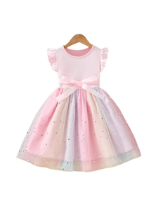 Robe rose pour fille avec nœud et jupe en tulle dégradé arc-en-ciel ornée de paillettes