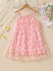 Girls Camisole Mesh Dress Daisy Print Sleeveless Sweet Princess Style Summer Ruffle Hem Cotton Lining Pastoral