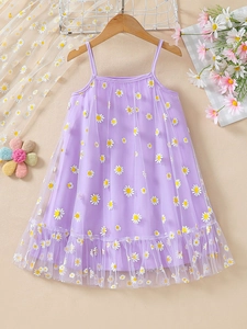 Girls purple daisy tulle dress with spaghetti straps and layered ruffle hem design
