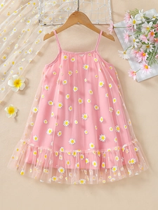 Pink daisy print girls tulle princess dress with ruffled hem on wooden hanger
