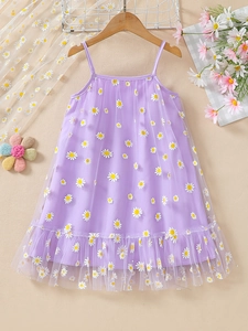 Girls purple daisy tulle dress with spaghetti straps and floral mesh overlay design