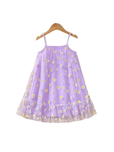 Girls purple daisy tulle dress with spaghetti straps and floral mesh overlay design