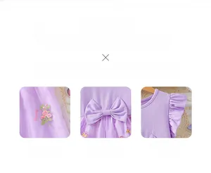 Detailansicht lila Mädchenkleid mit Blumenstickerei, Schleife und gerüschten Ärmelkanten