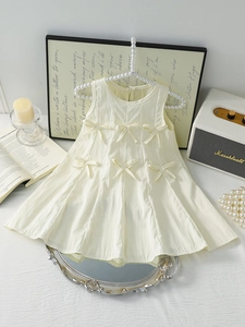 Girls Sleeveless Cotton Blend Princess Dress Light Yellow Crinkled Texture Bow Decoration Sweet Summer Dress