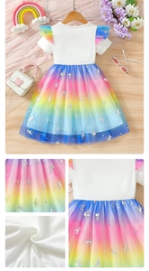 Detail of girls' unicorn dress featuring rainbow tulle skirt and silver glitter prints