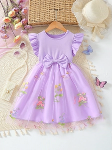 Mädchen Sommer Kleid Flatterärmel Geripptes Strickoberteil Netz Tüllrock Blumen Schmetterling Stickerei Prinzessin Partykleid