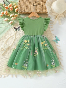 Ärmelloses grünes Prinzessinnenkleid für Mädchen mit Blumenstickerei und Tüll-Rocklagen