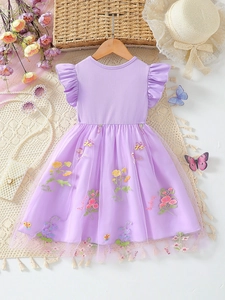 Lila Mädchenkleid mit Flügelärmeln, Tüllrock und floraler Schmetterlingsstickerei