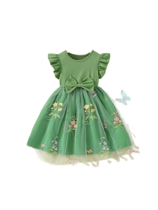 Grünes Mädchenkleid mit Flügelärmeln, Mesh-Blumenrock und Schleifen-Detail