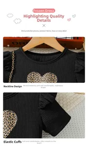 Detail of ribbed knit collar and leopard heart print on a black girls' dress
