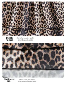 Detail of leopard print mesh fabric showing multi-layer skirt and breathable texture