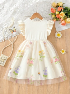 Girls cream knit dress with ruffle sleeves and floral embroidered tulle skirt
