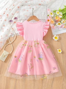 Pink toddler girl dress with flutter sleeves, ribbed knit top and floral mesh skirt