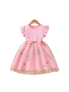 Pink girl's tiered tulle dress with floral embroidery and butterfly bow detail