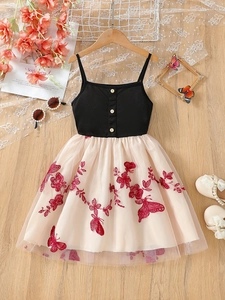 Meisjes Jurk met Bandjes Polyester Katoenmix Geribbeld Bovenstuk Tule Rok Vlinder Borduursel Zoete Prinses Kinderen Jurk