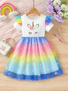 Girls Unicorn Rainbow Mesh Dress Short Sleeve Cotton Blend Princess Tutu Gown With 3D Flowers For Birthday Party Summer Gift