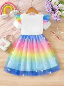 Girl's rainbow mesh dress with unicorn patterns and white short sleeves for summer