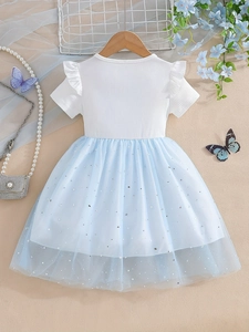 Girls' white ribbed short sleeve princess dress with sparkly blue tulle skirt and moon stars
