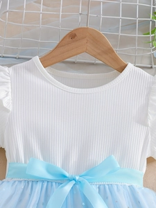Girls' white ribbed dress with blue satin bow and sparkly star sequin tulle skirt